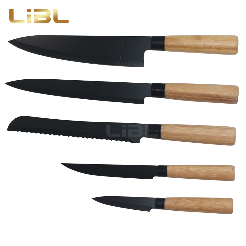 Bamboo handle knife set with non-stick coating