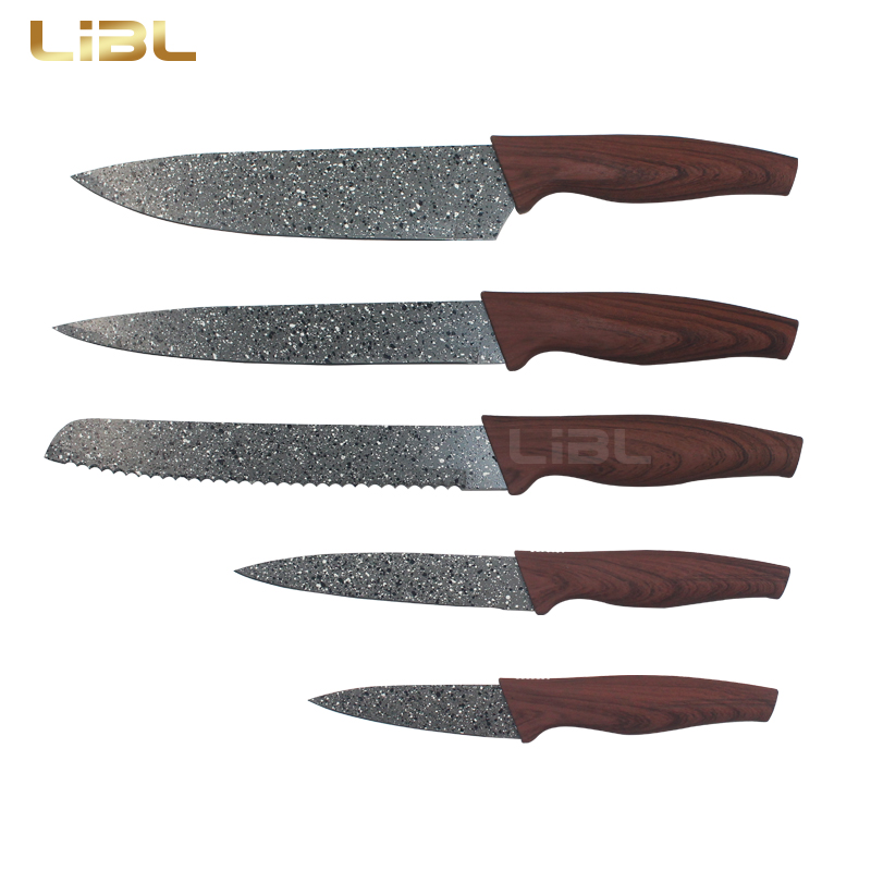 Knife set with marble coating and wood decal handle