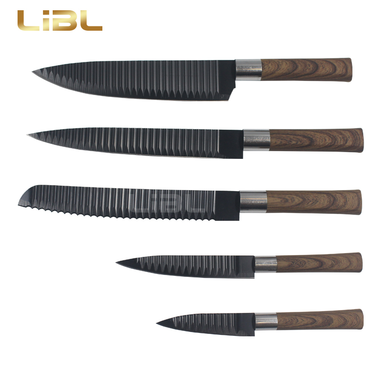 Embossed blade knife set with wood decal handle