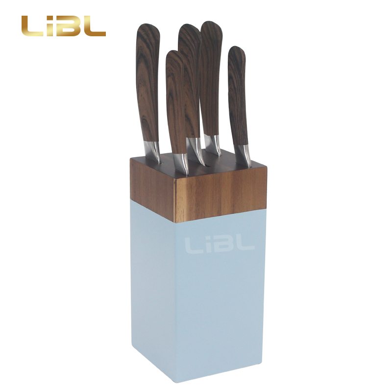 Hollow handle knife set with wood decal on handle