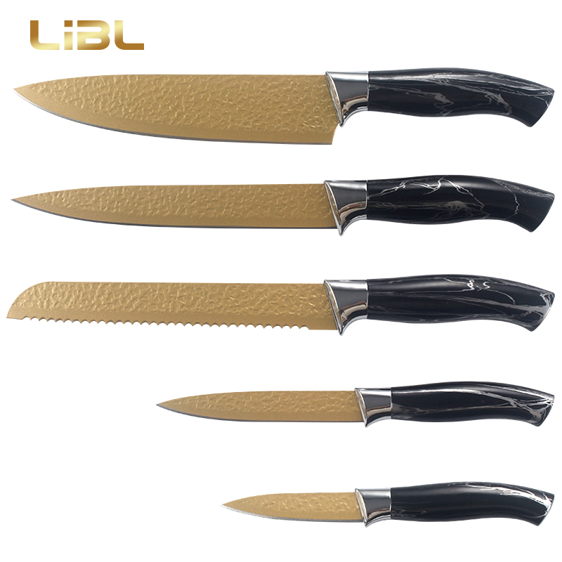 Golden non -stick coating knife set with hammered blade