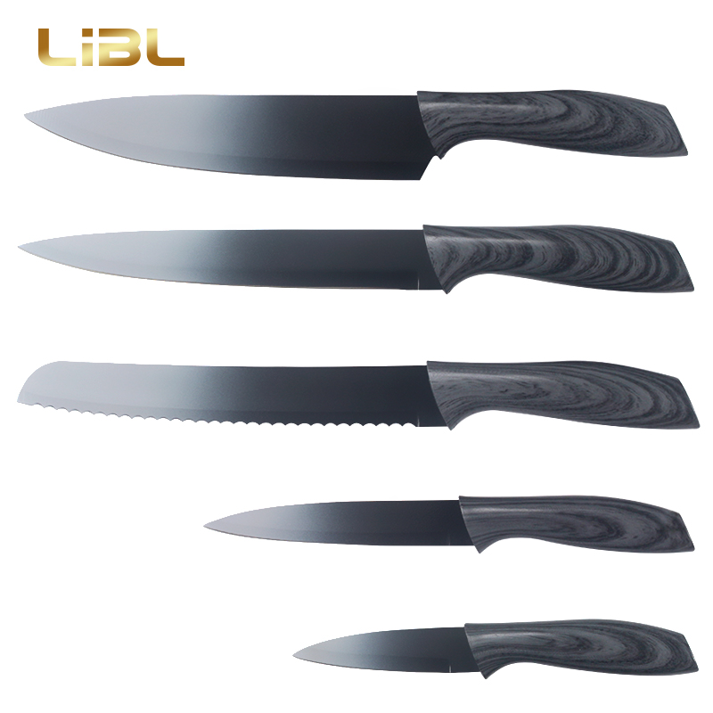 Non-stick coating knife set with wooden transfer printing handle