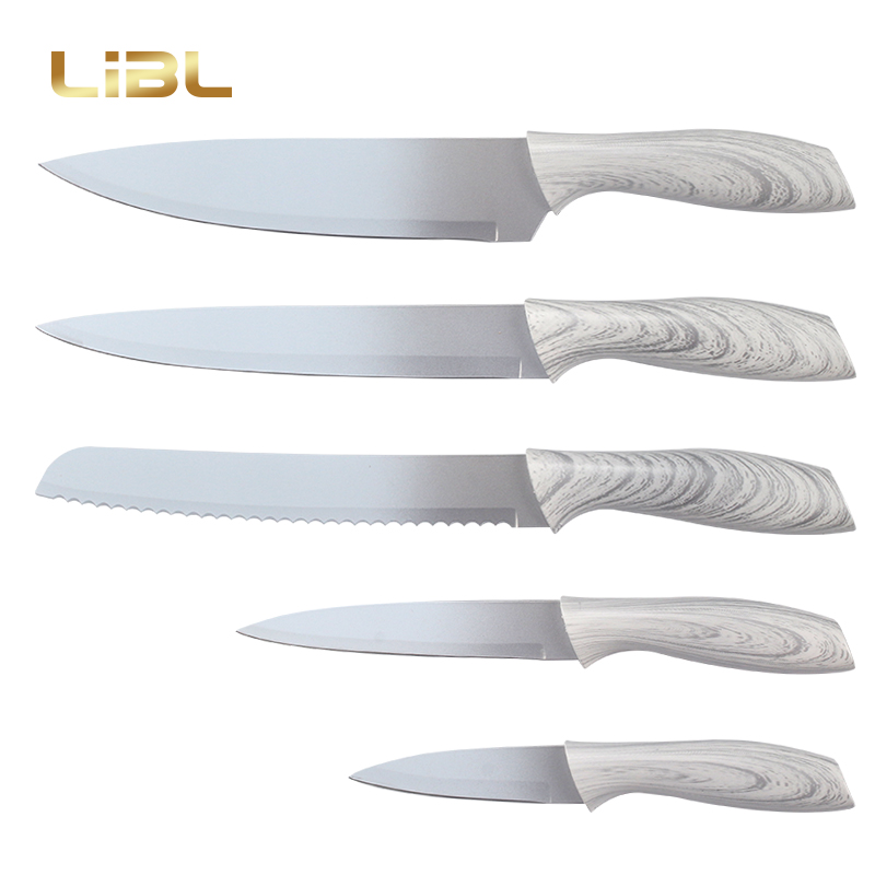Non-stick coating knife set with wooden transfer printing handle