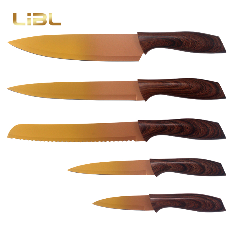 Non-stick coating knife set with wooden transfer printing handle