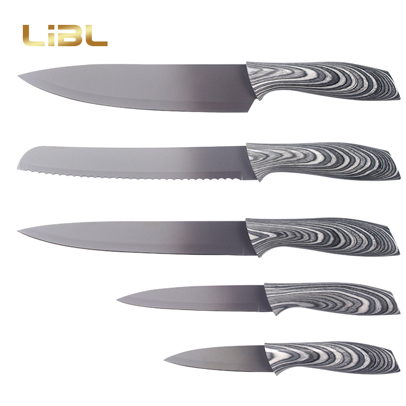 Non-stick coating knife set with wooden transfer printing handle