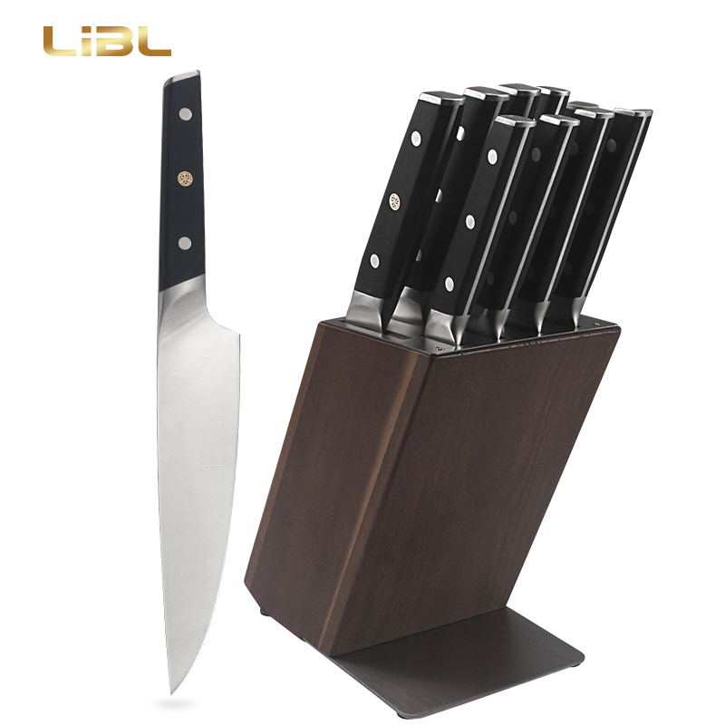 Wooden handle knife set with sharpener block